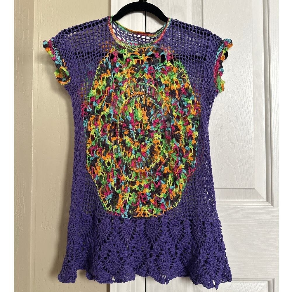 Vintage Purple Crochet Mandala Halter Top Boho Festival Crop Top Handmade‎ Small